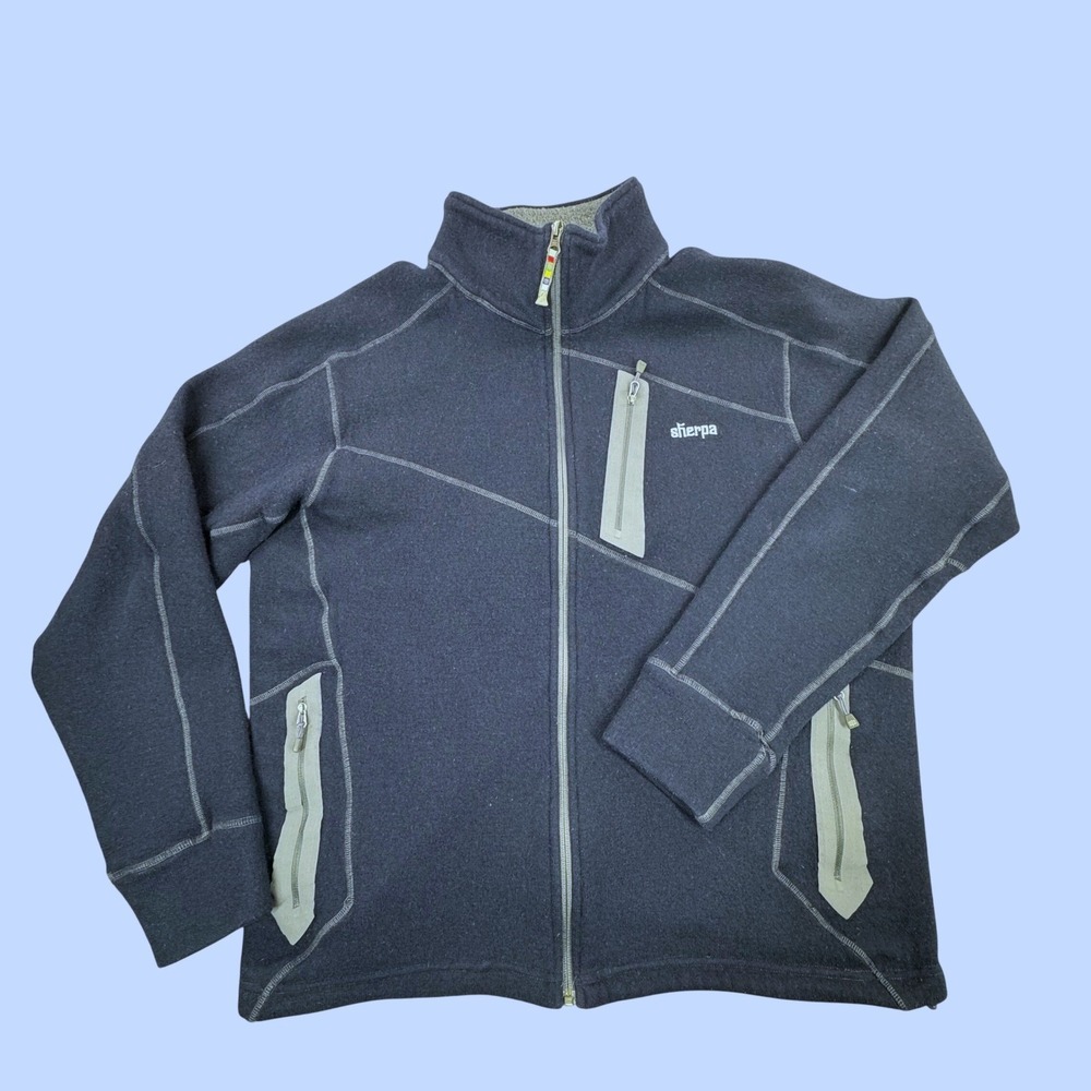 Sherpa Adventure Gear Mens XL Full Zip Wool Blend Jacket Navy Blue Mock Neck